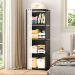 4 Tier Portable Closet Organizer Modern Black Fabric Narrow Wardrobe Armoire Free Standing Storage Shelf Cabinet Stand With White Sheer Dustproof Curtain Tall Space Saving For Bedroom Living Room Entryway Housewarming Gift
