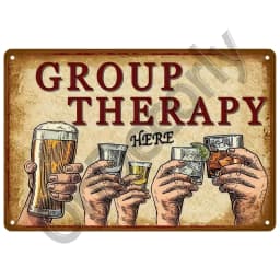 Vintage Group Therapy Whiskey Bar BBQ Grill Steak Funny Drinking Slogan Metal Tin Signs Retro Rustic Iron Plaque Wall Decor for Backyard Patio Garage Man Cave Home Bar Wall Art Gift for Party Lovers