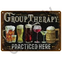 Vintage Group Therapy Whiskey Bar BBQ Grill Steak Funny Drinking Slogan Metal Tin Signs Retro Rustic Iron Plaque Wall Decor for Backyard Patio Garage Man Cave Home Bar Wall Art Gift for Party Lovers