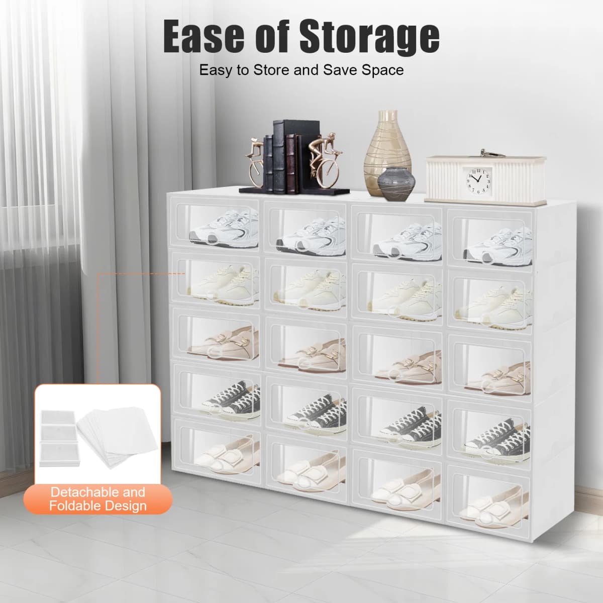20‑Pack Stackable Transparent Shoe Storage Boxes Foldable Shoe Organizer Set for Men Women Shoes Clothing Closet Space‑Saving Storage Containers