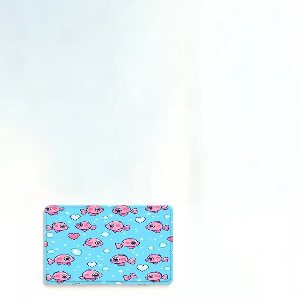 Cute Pink Fish Bath Mat: Kawaii Cartoon Sea Creatures & Hearts Pattern Rug for Kids Bathroom