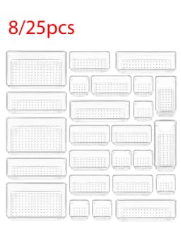 8/25PCS Clear Plastic Drawer Organizers Set, 4-Size Versatile Storage Bins for Makeup, Bathroom, Kitchen & Office, Vanity Drawer Organizer Trays