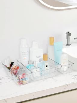 8/25PCS Clear Plastic Drawer Organizers Set, 4-Size Versatile Storage Bins for Makeup, Bathroom, Kitchen & Office, Vanity Drawer Organizer Trays