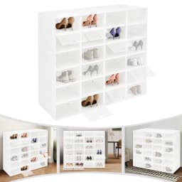 24Pcs Shoe Storage Box 13 Inch Clear Stackable Foldable Organizer Case with Breathable Heart Holes Dustproof Containers for Sneakers Heels Boots Under Bed Closet Bedroom Entrance Hall Living Room Dorm