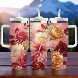 40Oz Long-Lasting Insulated Tumbler with Handle, Elegant Rose Butterfly Print Tumbler, Ideal Holiday Birthday Gift for Women, Suitable for Daily Use And Outdoor Outings