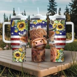 40Oz Tumbler with Handle, Cute Highland Cow Sunflower American Flag Print, Fits for all People, Suitable for Hot And Cold Drinks, Ideal for Daily Use And Outdoor Travel