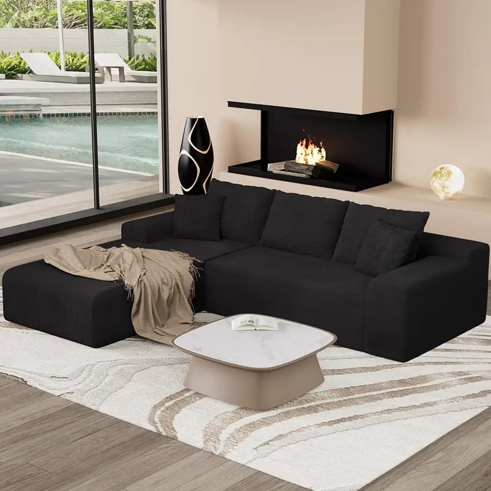 96" L-Shaped Corduroy Cloud Sectional Sofa, Boneless Deep Seat Couch with Compressed Memory Foam & Chaise, Customized
