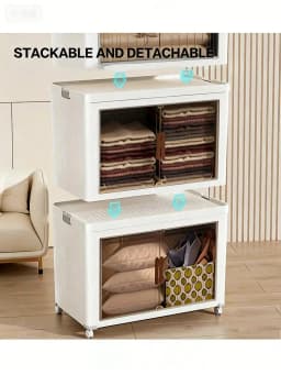 5 Tier Foldable Storage Cabinet Modern Cream White Plastic Stackable Storage Bins Organizer Unit With Clear Magnetic Doors Wheels For Clothes Bags Books Bedroom Closet Living Room Housewarming Gift