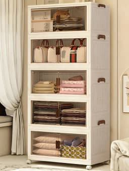 5 Tier Foldable Storage Cabinet Modern Cream White Plastic Stackable Storage Bins Organizer Unit With Clear Magnetic Doors Wheels For Clothes Bags Books Bedroom Closet Living Room Housewarming Gift