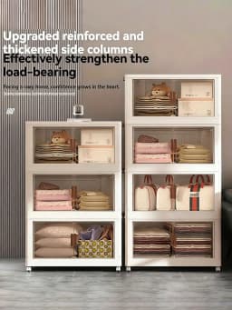 5 Tier Foldable Storage Cabinet Modern Cream White Plastic Stackable Storage Bins Organizer Unit With Clear Magnetic Doors Wheels For Clothes Bags Books Bedroom Closet Living Room Housewarming Gift