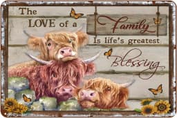 Metal Sign Farm Highland Cows The Love of A Family Rustic Decor Vintage Tin Home Kitchen Bar Cafe Club Cave Wall Cow