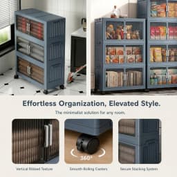 3‑Tier Foldable Plastic Storage Cabinet with Wheels, Double Fluted Transparent Door, Stackable Closet Organizer, Mobile Dust‑proof Storage Bin for Bedroom, Clothes, Toys, Snacks, Home Bedroom Living Room Organization