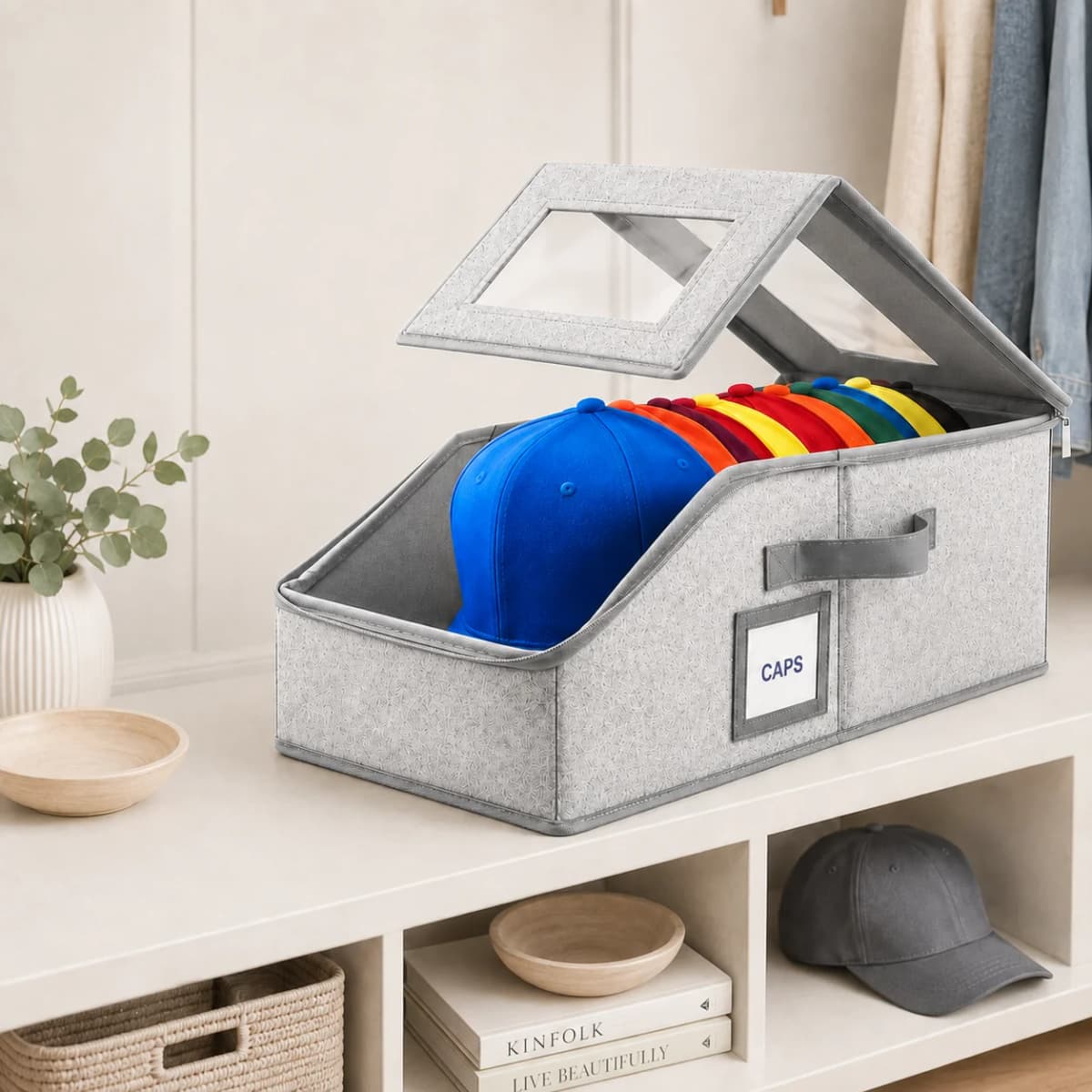 Hat Storage Organizer Box, Baseball Cap Holder for Closet, Transparent Window Cap Display Case with Handles, Fabric Wardrobe Organizer Container