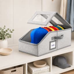 Hat Storage Organizer Box, Baseball Cap Holder for Closet, Transparent Window Cap Display Case with Handles, Fabric Wardrobe Organizer Container
