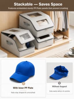 Hat Storage Organizer Box, Baseball Cap Holder for Closet, Transparent Window Cap Display Case with Handles, Fabric Wardrobe Organizer Container