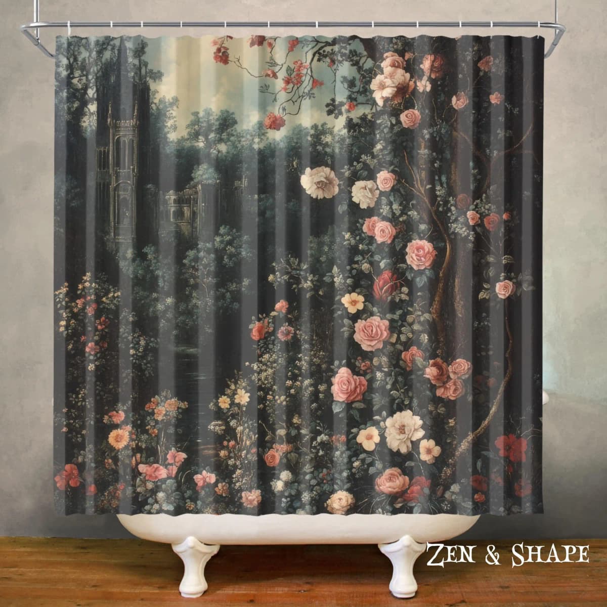 Dark Academia Waterproof Shower Curtain, Floral Gothic Bathroom Decor, Polyester Fabric, Machine Washable Bath Curtain, Includes 12 Hooks