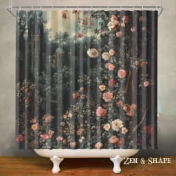 Dark Academia Waterproof Shower Curtain, Floral Gothic Bathroom Decor, Polyester Fabric, Machine Washable Bath Curtain, Includes 12 Hooks