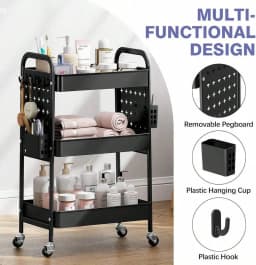 3Tier Slim Rolling Cart, Metal Storage Cart With Wooden Tabletop And Mesh Baskets, DIY Pegboard, Metal Utility Cart With Whee