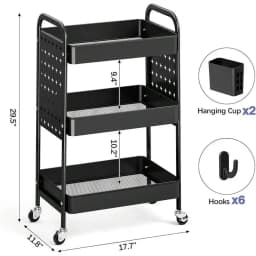 3Tier Slim Rolling Cart, Metal Storage Cart With Wooden Tabletop And Mesh Baskets, DIY Pegboard, Metal Utility Cart With Whee