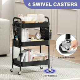 3Tier Slim Rolling Cart, Metal Storage Cart With Wooden Tabletop And Mesh Baskets, DIY Pegboard, Metal Utility Cart With Whee