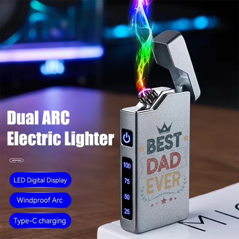 1pc Windproof Electric Arc Lighter with The Text BEST DAD EVER, Retro Style, USB Rechargeable, Dual Arc, Flameless Lighter, Metal Casing, Battery Display, Long-Lasting, a Gift for Dad, Portable, Father'S Day Gift, Valentine'S Day Gift