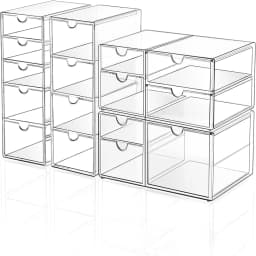 16 Drawers Acrylic Makeup Organizer, 4 Set Clear Desk Storage Drawers, Dustproof Desktop Organizer for Office Supplies, Jewelry, Pens & Cosmetics, Countertop