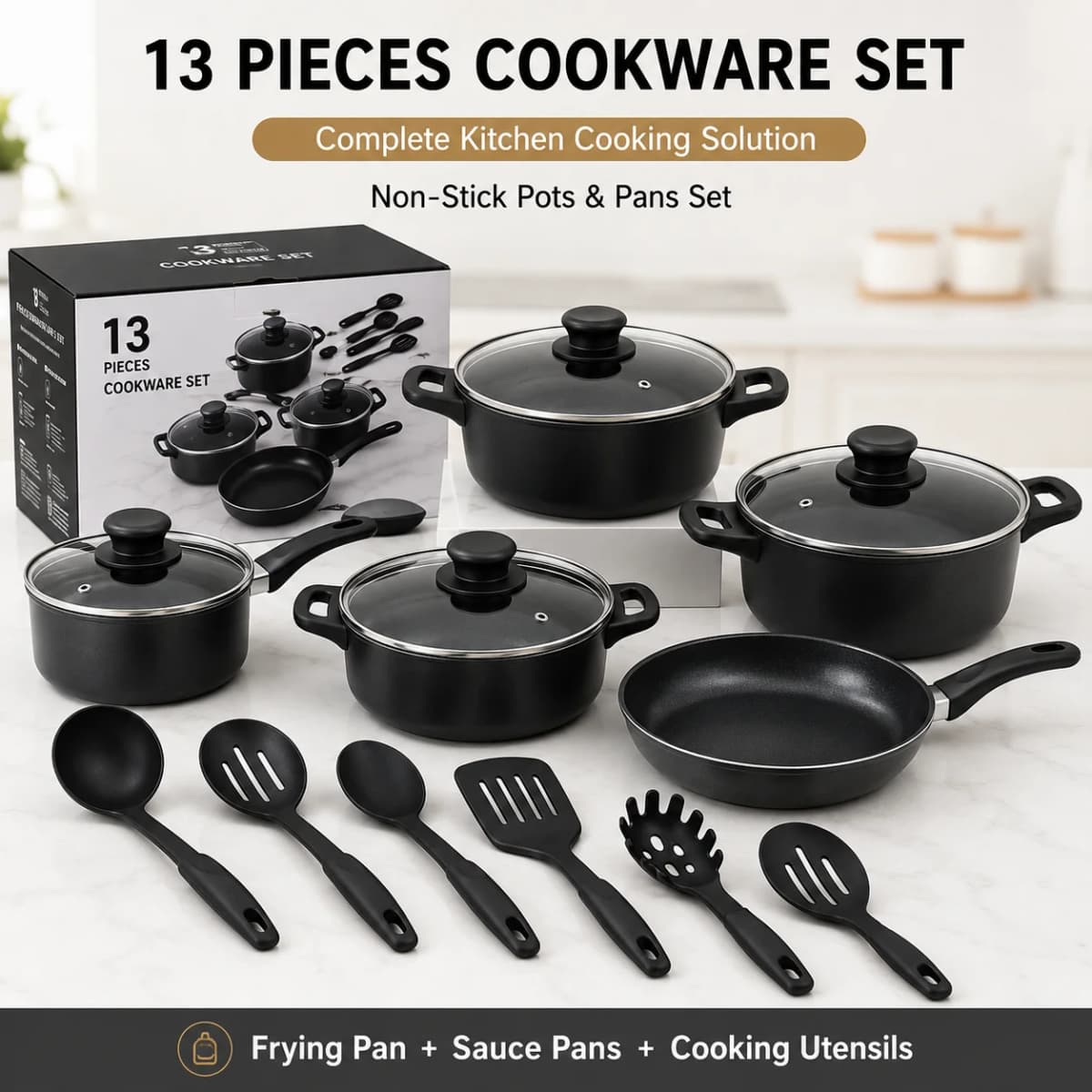 13-Piece Cookware Set, Non-Stick Stone Coating Kitchen Pots and Pans Set, Stainless Steel Handle Glass Lids, Soup Pot Frying Pan Milk Pot, Korean Style Cookware