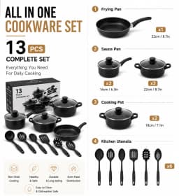 13-Piece Cookware Set, Non-Stick Stone Coating Kitchen Pots and Pans Set, Stainless Steel Handle Glass Lids, Soup Pot Frying Pan Milk Pot, Korean Style Cookware
