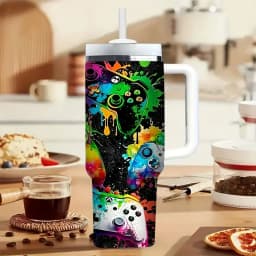 40Oz Tumbler with Handle, Colorful Graffiti Game Controller Print, Suitable for Game Lovers, Works for Both Hot And Cold Drinks, Perfect for Outdoor Travel, Casual Daily Use, And Gaming Events