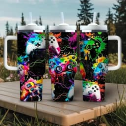 40Oz Tumbler with Handle, Colorful Graffiti Game Controller Print, Suitable for Game Lovers, Works for Both Hot And Cold Drinks, Perfect for Outdoor Travel, Casual Daily Use, And Gaming Events