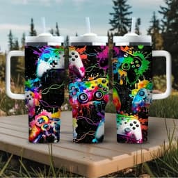 40Oz Tumbler with Handle, Colorful Graffiti Game Controller Print, Suitable for Game Lovers, Works for Both Hot And Cold Drinks, Perfect for Outdoor Travel, Casual Daily Use, And Gaming Events