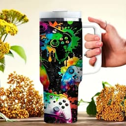 40Oz Tumbler with Handle, Colorful Graffiti Game Controller Print, Suitable for Game Lovers, Works for Both Hot And Cold Drinks, Perfect for Outdoor Travel, Casual Daily Use, And Gaming Events