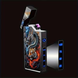 A Windproof Electric Arc Lighter Featuring a Dragon And Tiger Design. This Windproof Lighter Is Rechargeable Via Type-C, Has a Metal Casing, Battery Level Display, And Dual Arc. It Comes in a Gift Box And Includes a Power Cut-Off Feature