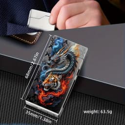 A Windproof Electric Arc Lighter Featuring a Dragon And Tiger Design. This Windproof Lighter Is Rechargeable Via Type-C, Has a Metal Casing, Battery Level Display, And Dual Arc. It Comes in a Gift Box And Includes a Power Cut-Off Feature