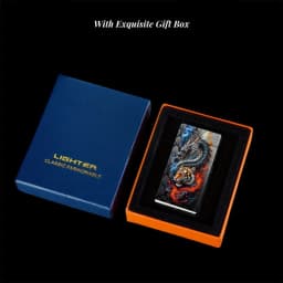 A Windproof Electric Arc Lighter Featuring a Dragon And Tiger Design. This Windproof Lighter Is Rechargeable Via Type-C, Has a Metal Casing, Battery Level Display, And Dual Arc. It Comes in a Gift Box And Includes a Power Cut-Off Feature