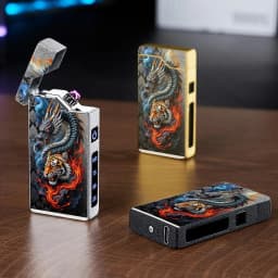 A Windproof Electric Arc Lighter Featuring a Dragon And Tiger Design. This Windproof Lighter Is Rechargeable Via Type-C, Has a Metal Casing, Battery Level Display, And Dual Arc. It Comes in a Gift Box And Includes a Power Cut-Off Feature