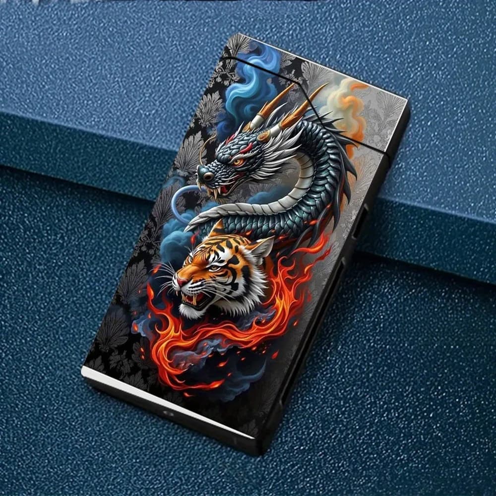 A Windproof Electric Arc Lighter Featuring a Dragon And Tiger Design. This Windproof Lighter Is Rechargeable Via Type-C, Has a Metal Casing, Battery Level Display, And Dual Arc. It Comes in a Gift Box And Includes a Power Cut-Off Feature