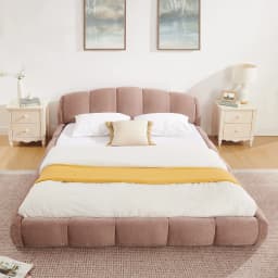Queen Size Chenille Upholstered Platform Bed Frame with Thick Curved Headboard, Elegant Low Profile Floor Bed, No Box Spring Needed, Pink