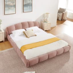 Queen Size Chenille Upholstered Platform Bed Frame with Thick Curved Headboard, Elegant Low Profile Floor Bed, No Box Spring Needed, Pink