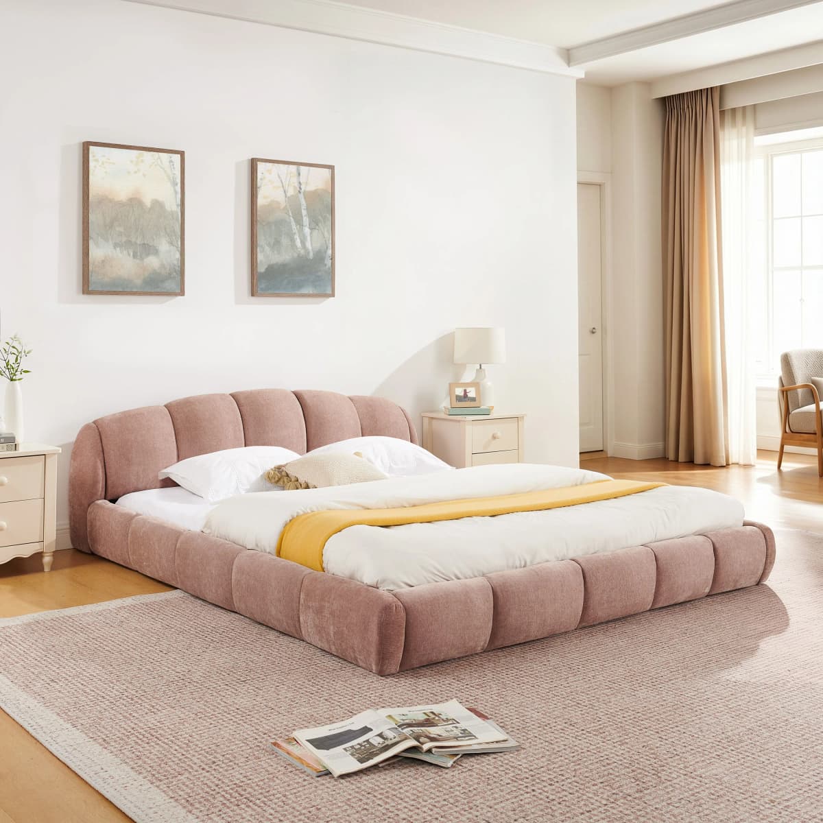 Queen Size Chenille Upholstered Platform Bed Frame with Thick Curved Headboard, Elegant Low Profile Floor Bed, No Box Spring Needed, Pink