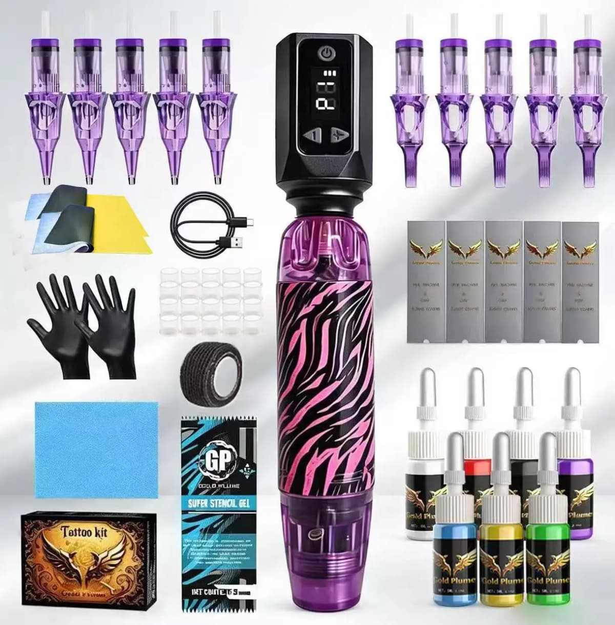 Tattoo Pen Machine Kit with LCD Smart Display, 1100mAh Large Capacity Rechargeable Battery, Includes 10 Cartridge Needles & 7 Color Tattoo Inks, All-in-One Complete Tattoo Supply Kit for Beginners, Premium Tattoo Equipment as a Holiday Festival Gift