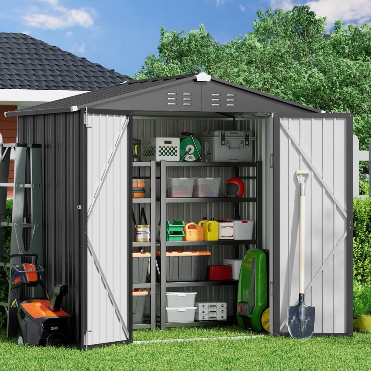 Outdoor Storage Shed, Metal Garden Shed, Dark Gray | Double Lockable Doors, Anti-Corrosion Metal Garden Shed, Fits Backyard/Patio/Lawn, Spacious Storage Clearance, Durable Steel