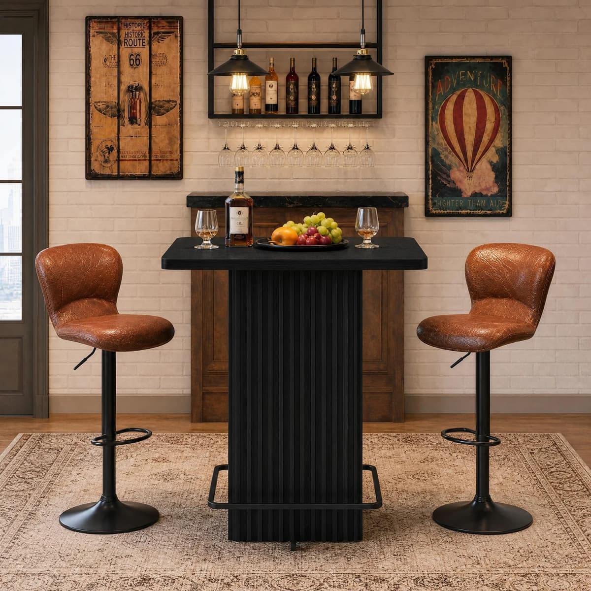 31.5 Inch Square Counter Height Bar Table, Fluted Pedestal Bistro Dining Table With Metal Ring Footrest For Kitchen, Cafe, Apartment Party