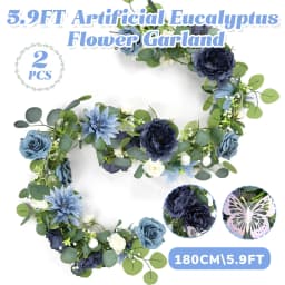 2-Pack Artificial Eucalyptus Navy Blue Rose Garland with 3D Silver Butterflies, 180cm Silk Plastic Floral Vine Realistic Greenery Swag for Wedding Arch Rustic Party Home Table Décor