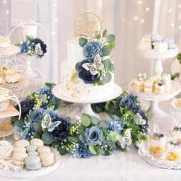 2-Pack Artificial Eucalyptus Navy Blue Rose Garland with 3D Silver Butterflies, 180cm Silk Plastic Floral Vine Realistic Greenery Swag for Wedding Arch Rustic Party Home Table Décor