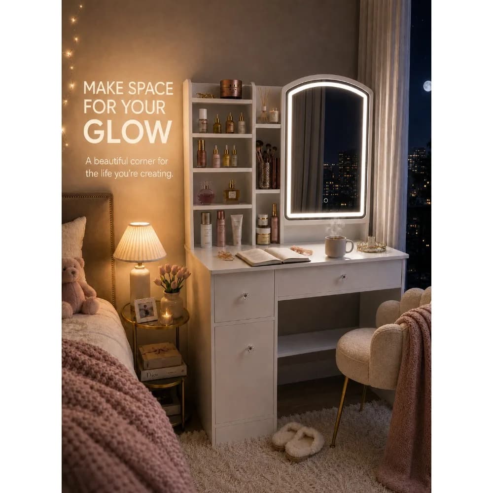 Modern White Vanity Desk with LED Lighted Mirror, Makeup Dressing Table with Storage Shelves and Drawers, Elegant Beauty Station Furniture for Women Girls Bedroom