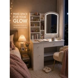 Modern White Vanity Desk with LED Lighted Mirror, Makeup Dressing Table with Storage Shelves and Drawers, Elegant Beauty Station Furniture for Women Girls Bedroom