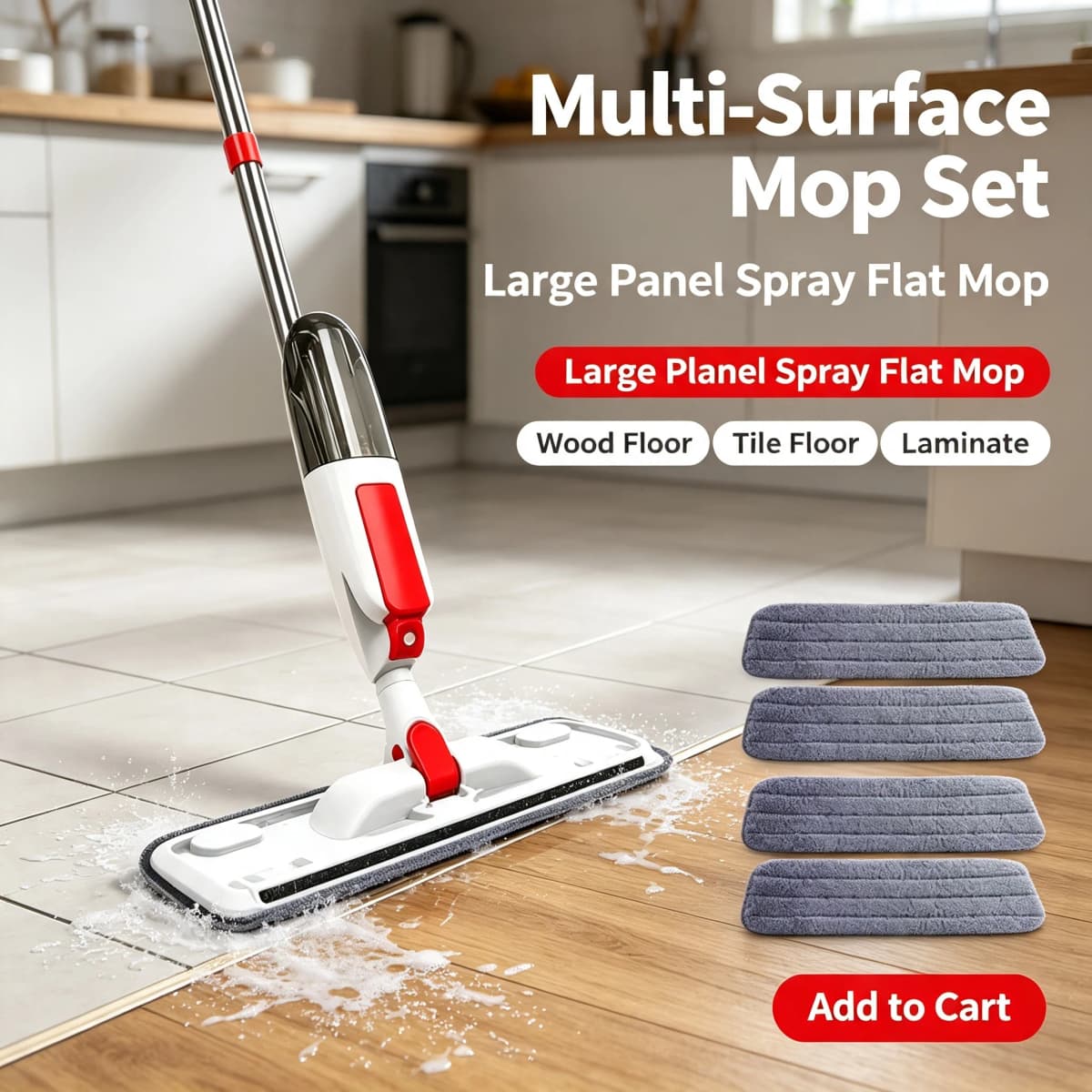 Large Panel Spray Flat Mop with One-button Water Spray, Wet & Dry Dual Use, 360° Rotatable Mop Head for High-efficiency Large-area Cleaning, lightweight Labor-saving Floor Cleaner, Suitable for Tile, Wood, Marble and All Hard Floors. Home Cleaning Kit Inc