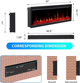 42 inch embedded/wall mounted electric fireplace with 750W/1500W two-stage heating 12 colors flame 0.5-9 hours timer with remote control black