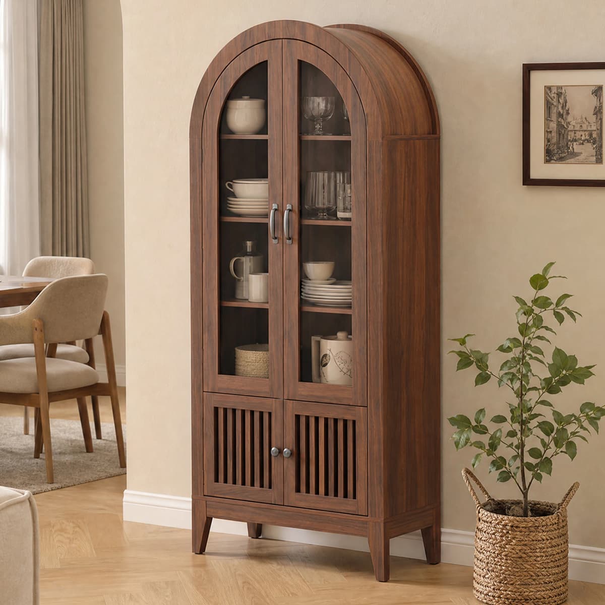 TCGBKAF Modern Farmhouse 68.9" Tall Arched Display Cabinet, Wooden Glass Door Pantry Cabinet with Adjustable Shelf for Living Room, Dining Room, Entryway Home Furniture
